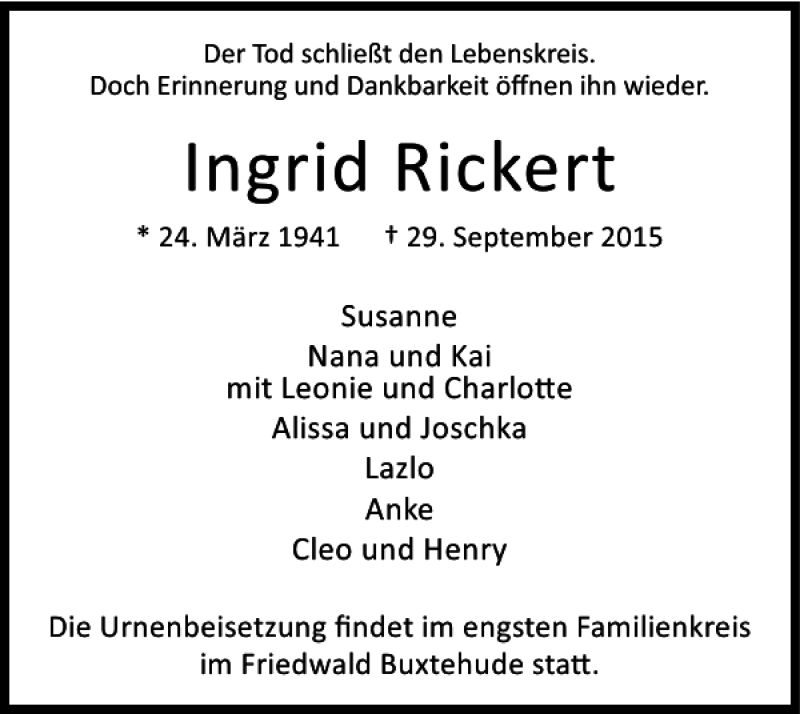 Traueranzeigen Von Ingrid Rickert Trauer38 De