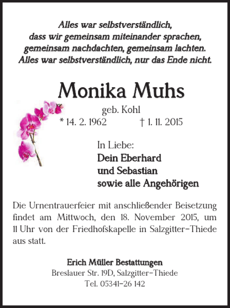 Traueranzeigen Von Monika Muhs Trauer De