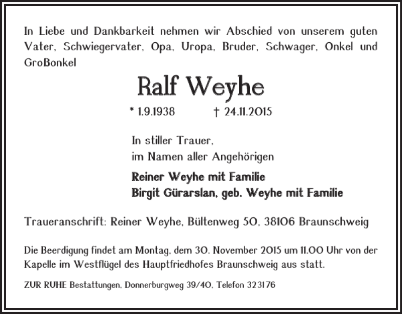 Traueranzeigen Von Ralf Weyhe Trauer38 De