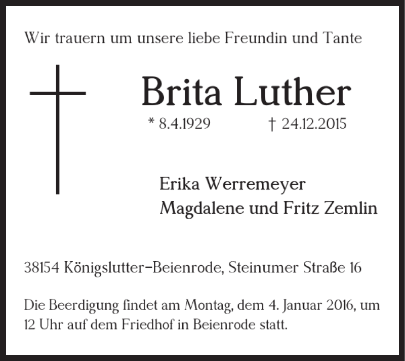 Traueranzeigen Von Brita Luther Trauer De