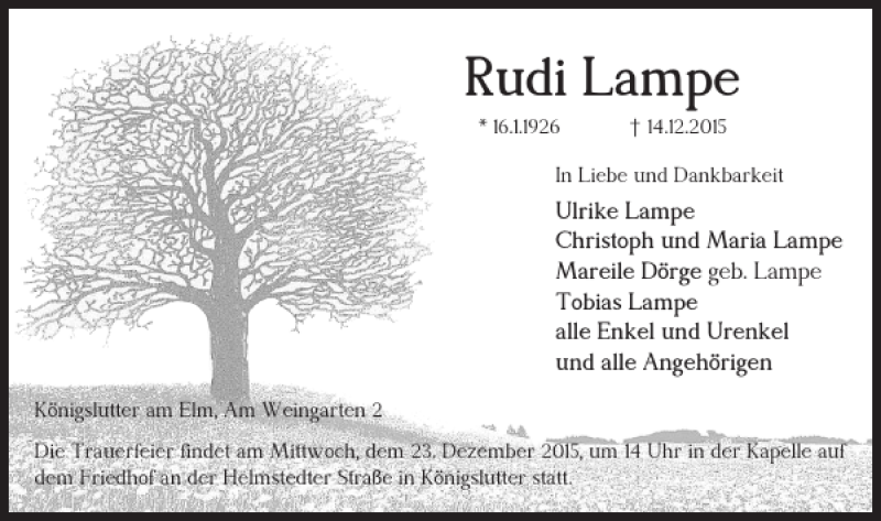 Traueranzeigen Von Rudi Lampe Trauer38 De