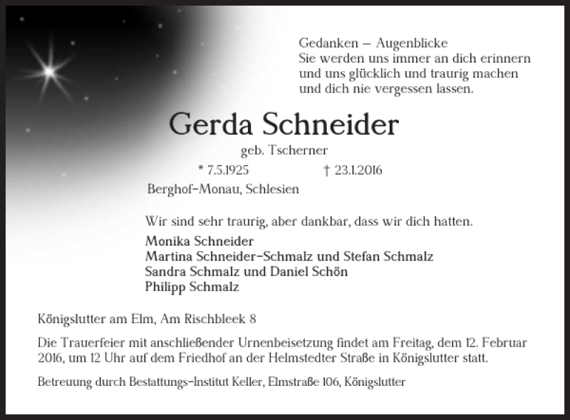 Traueranzeigen Von Gerda Schneider Trauer De