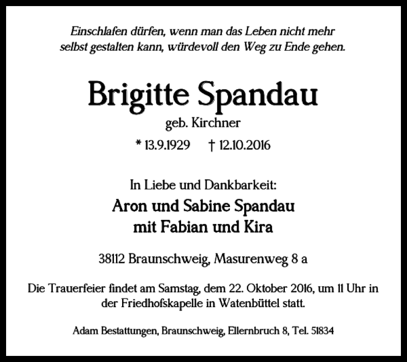 Traueranzeigen Von Brigitte Spandau Trauer De