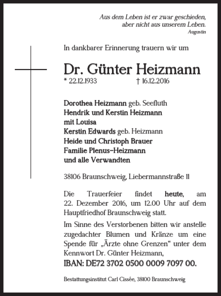 Traueranzeigen von Dr Günter Heizmann trauer38 de