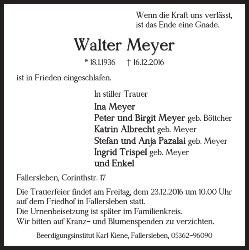 Traueranzeigen Von Walter Meyer Trauer De