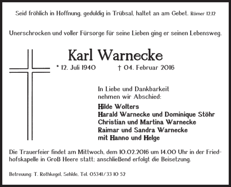 Traueranzeigen Von Karl Warnecke Trauer De