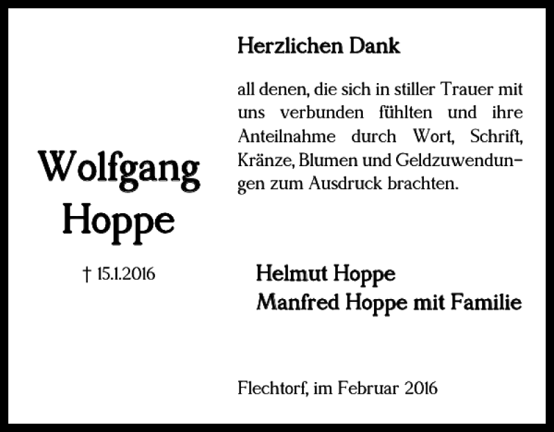 Traueranzeigen Von Wolfgang Hoppe Trauer38 De