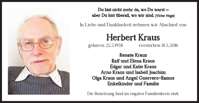 Traueranzeigen Von Herbert Kraus Trauer De