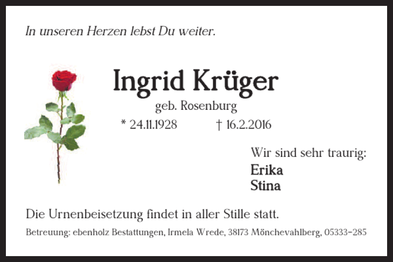 Traueranzeigen Von Ingrid Kr Ger Trauer De