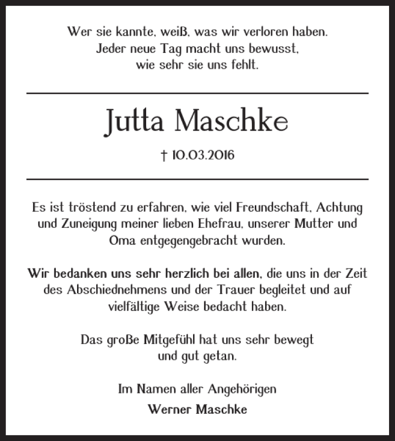 Traueranzeigen Von Jutta Maschke Trauer De