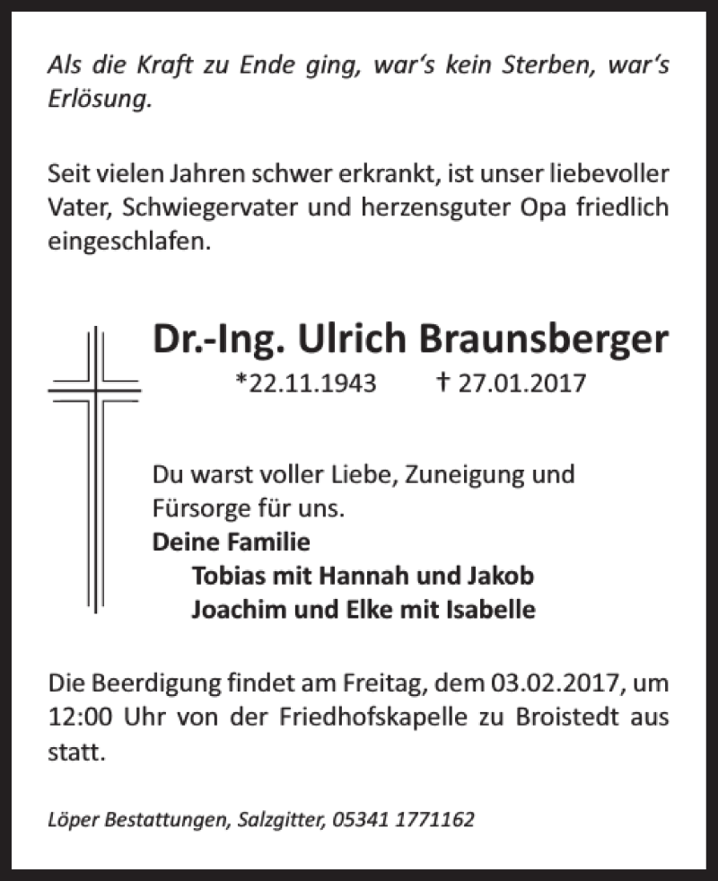 Traueranzeigen Von Dr Ing Ulrich Braunsberger Trauer De