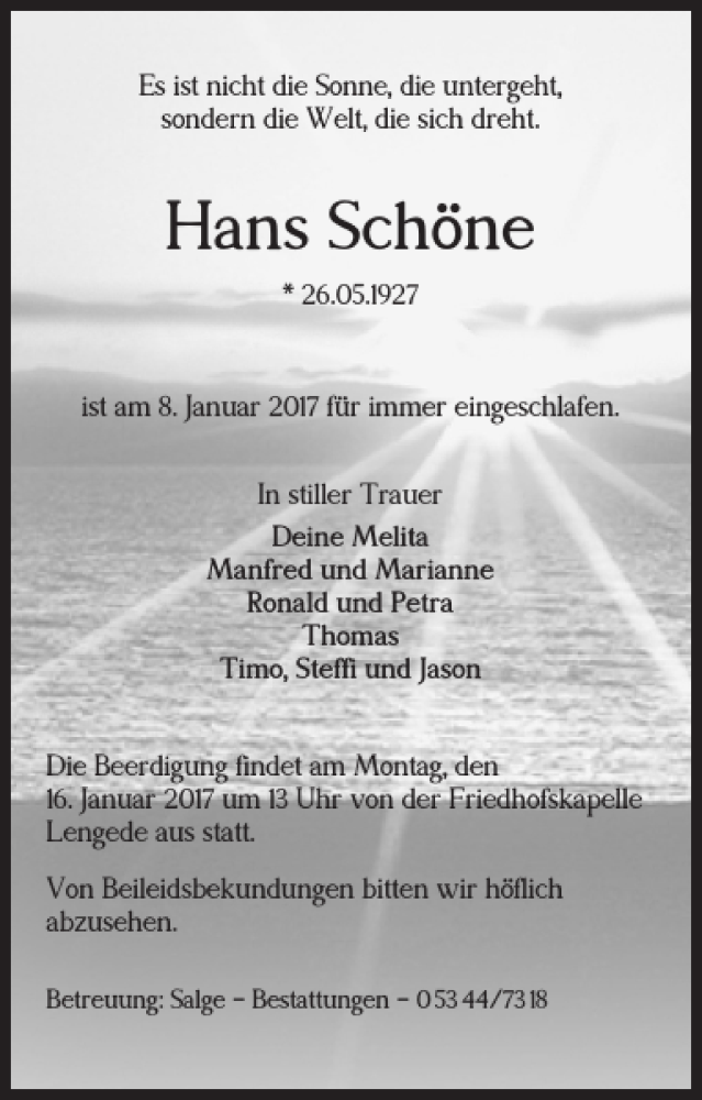 Traueranzeigen von Hans Schöne trauer38 de