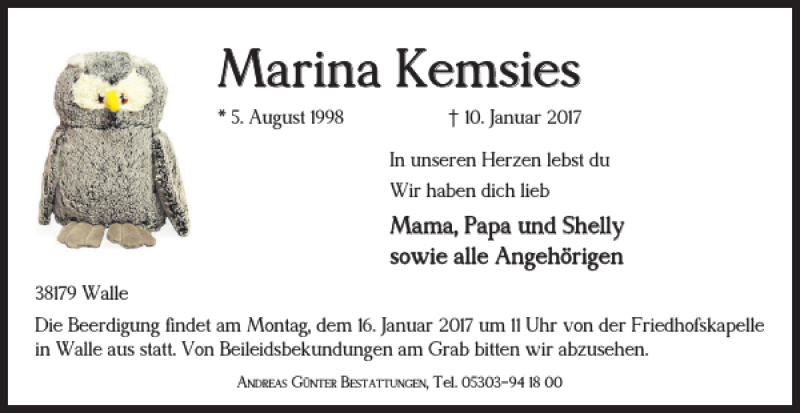 Traueranzeigen Von Marina Kemsies Trauer De