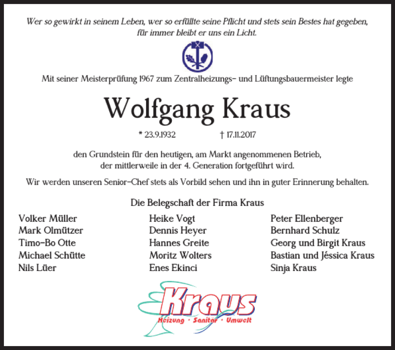 Traueranzeigen Von Wolfgang Kraus Trauer De