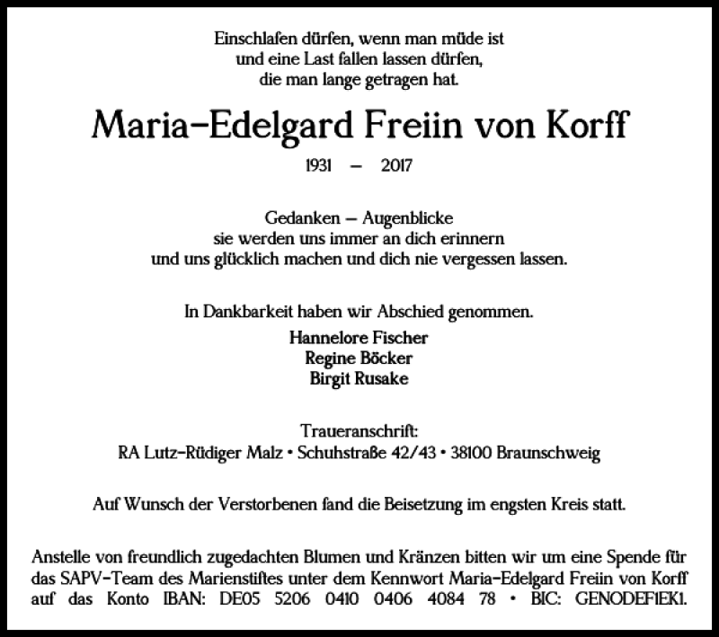 Traueranzeigen Von Maria Edelgard Freiin Von Korff Trauer De