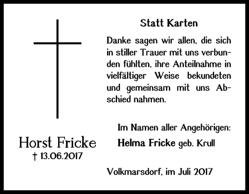 Traueranzeigen Von Horst Fricke Trauer De