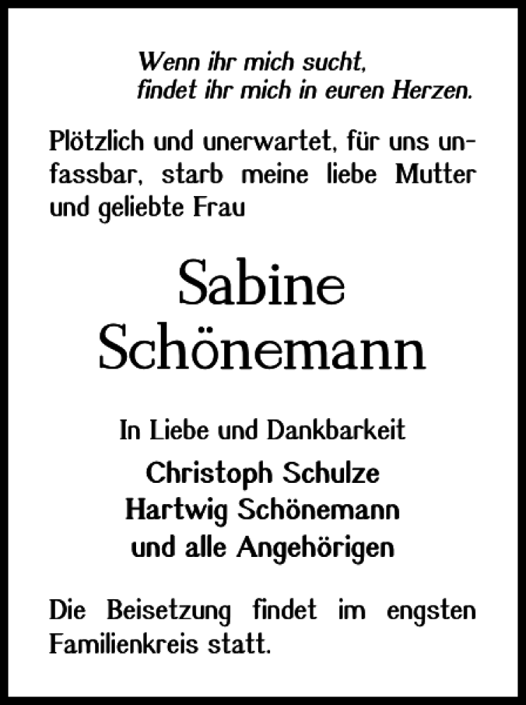 Traueranzeigen von Sabine Schönemann trauer38 de