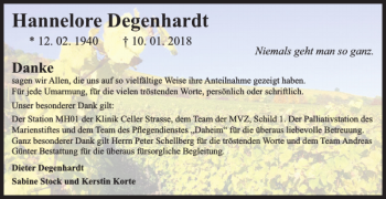 Traueranzeigen Von Hannelore Degenhardt Trauer38 De