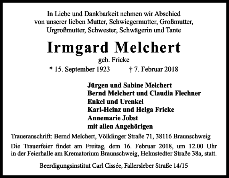 Traueranzeigen Von Irmgard Melchert Trauer38 De