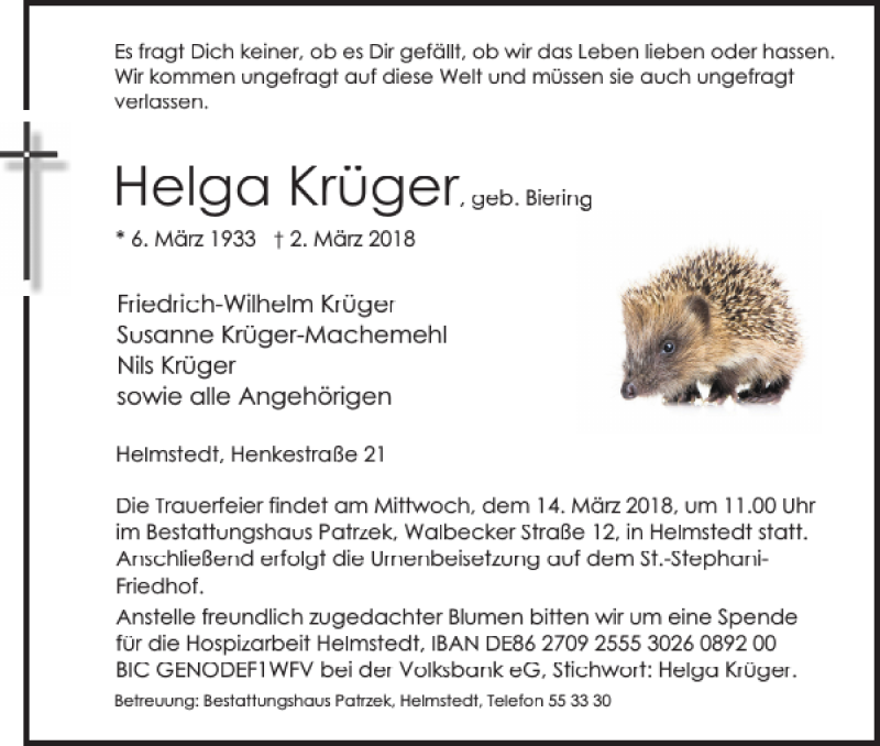 Traueranzeigen Von Helga Kr Ger Trauer De