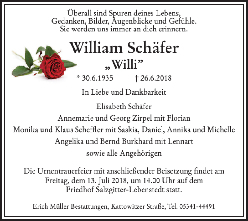 Traueranzeigen von William Schäfer trauer38 de