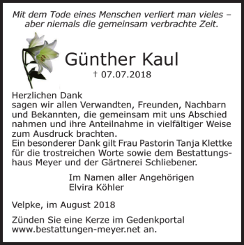 Traueranzeigen Von G Nther Kaul Trauer De