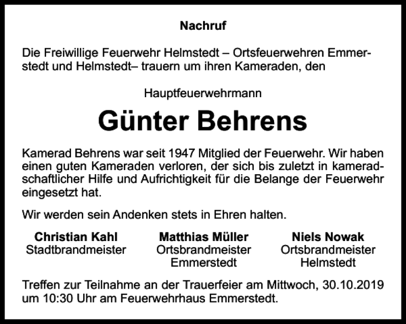 Traueranzeigen Von G Nter Behrens Trauer De