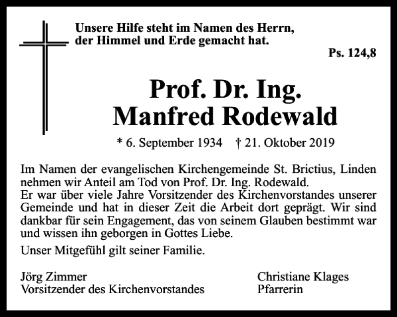 Traueranzeigen Von Prof Dr Ing Manfred Rodewald Trauer De