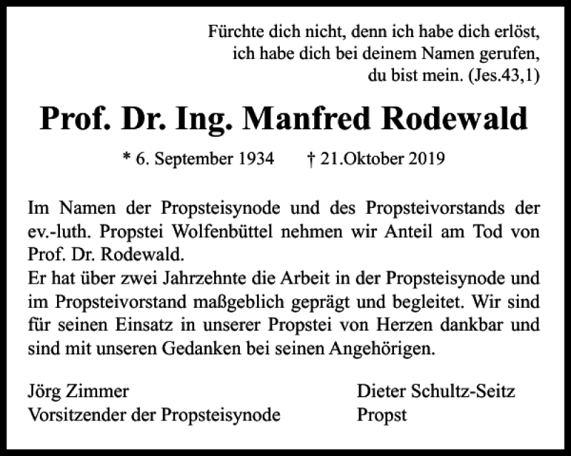 Traueranzeigen Von Prof Dr Ing Manfred Rodewald Trauer De