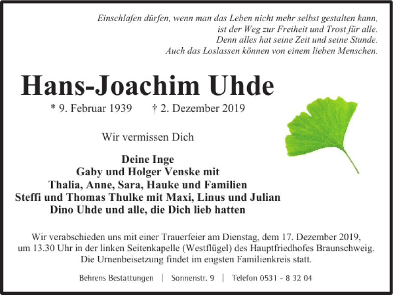 Traueranzeigen Von Hans Joachim Uhde Trauer38 De