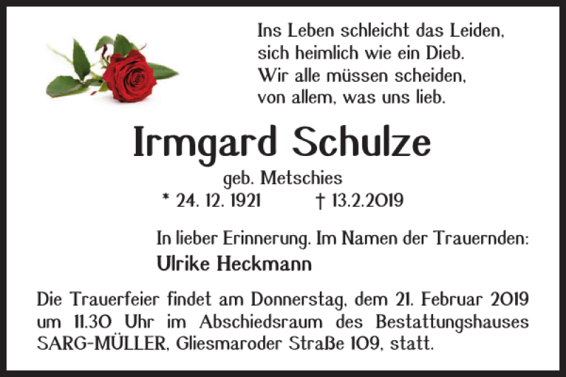 Traueranzeigen Von Irmgard Schulze Trauer De