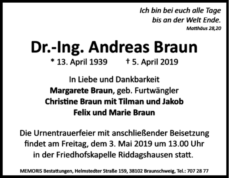 Traueranzeigen Von Dr Ing Andreas Braun Trauer De