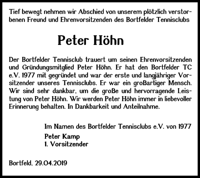 Traueranzeigen von Peter Höhn trauer38 de