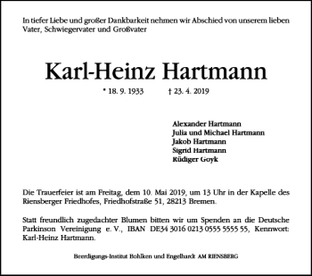 Traueranzeigen Von Karl Heinz Hartmann Trauer De