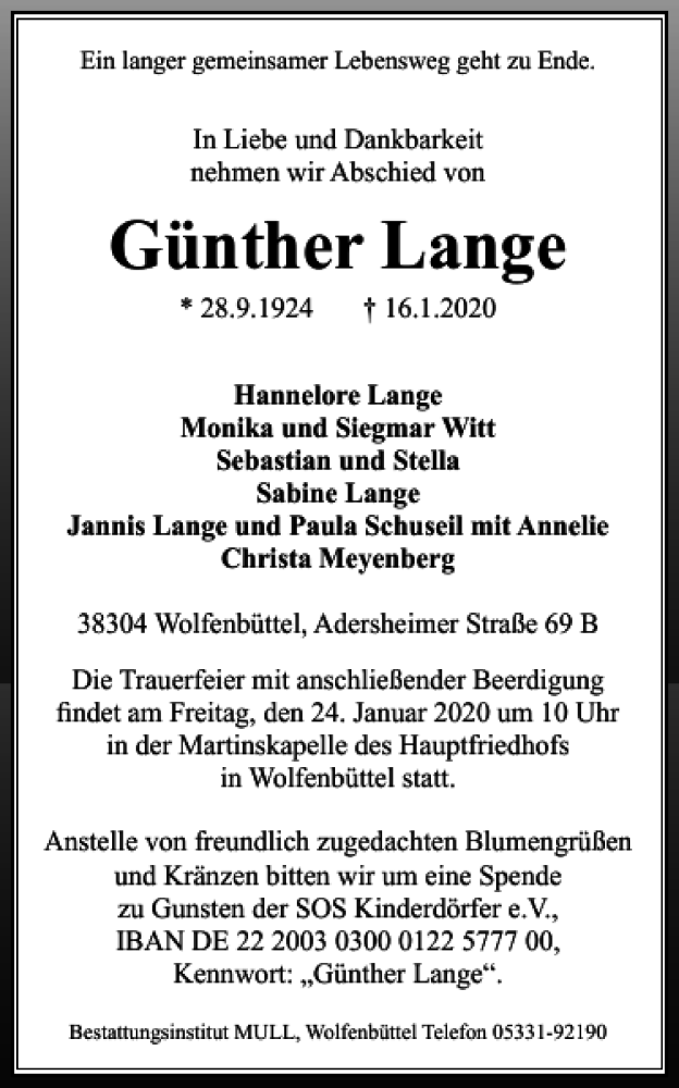 Traueranzeigen von Günther Lange trauer38 de