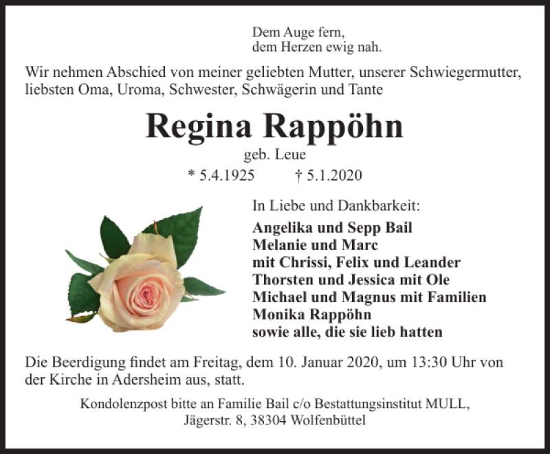 Traueranzeigen von Regina Rappöhn trauer38 de