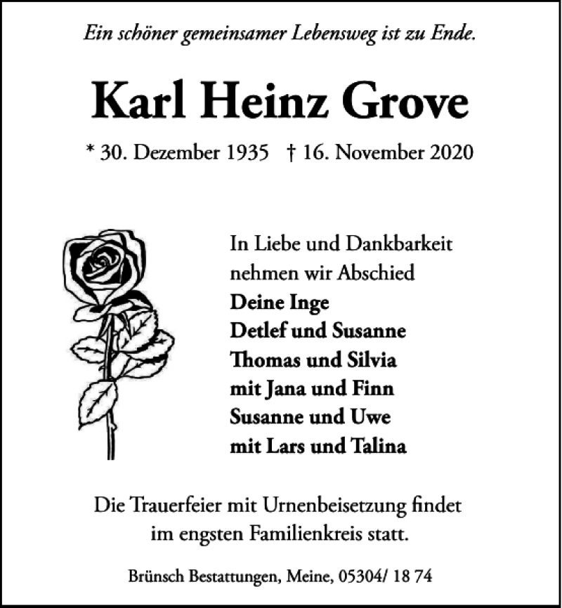 Traueranzeigen Von Karl Heinz Grove Trauer De