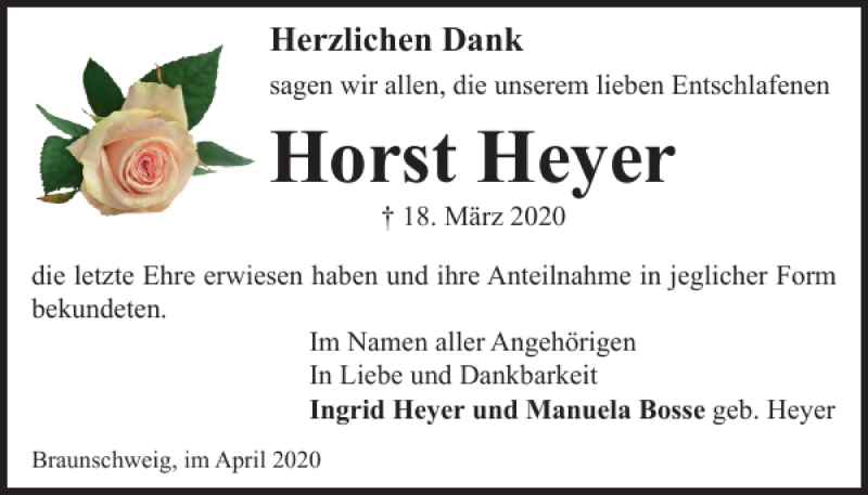 Traueranzeigen Von Horst Heyer Trauer De