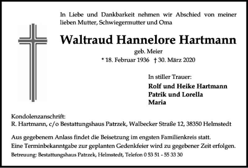 Traueranzeigen Von Waltraud Hannelore Hartmann Trauer De