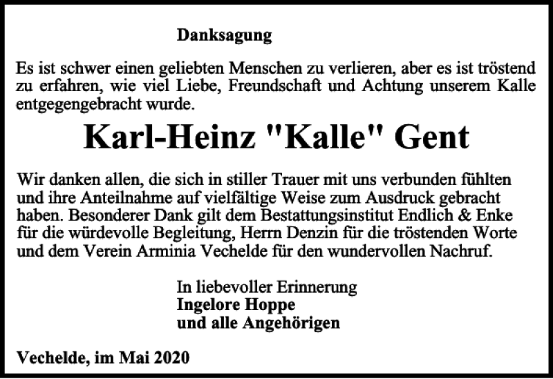 Traueranzeigen Von Karl Heinz Kalle Gent Trauer De