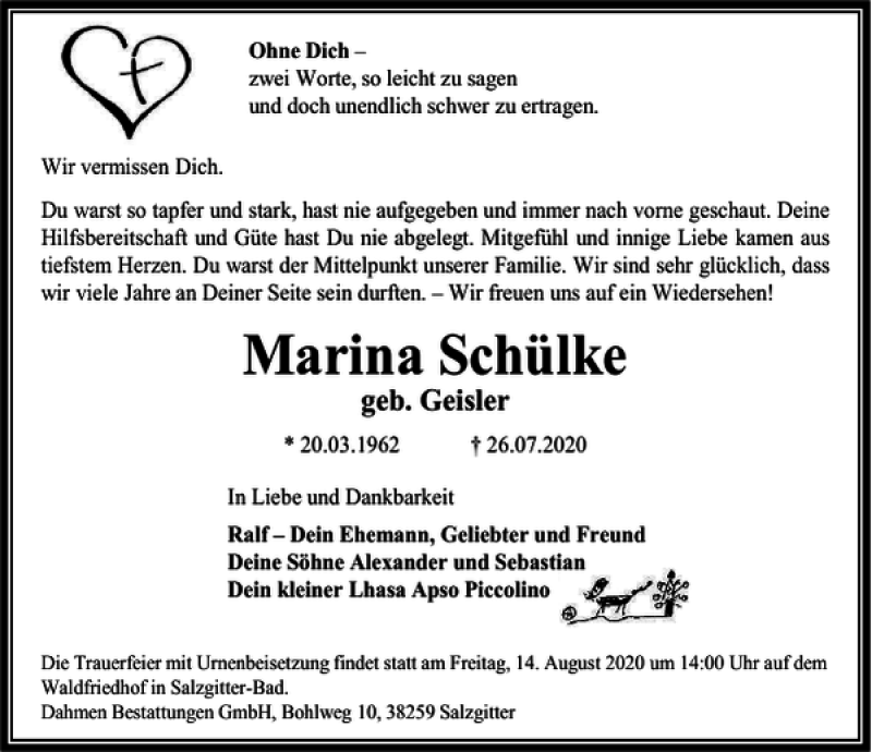 Traueranzeigen von Marina Schülke trauer38 de