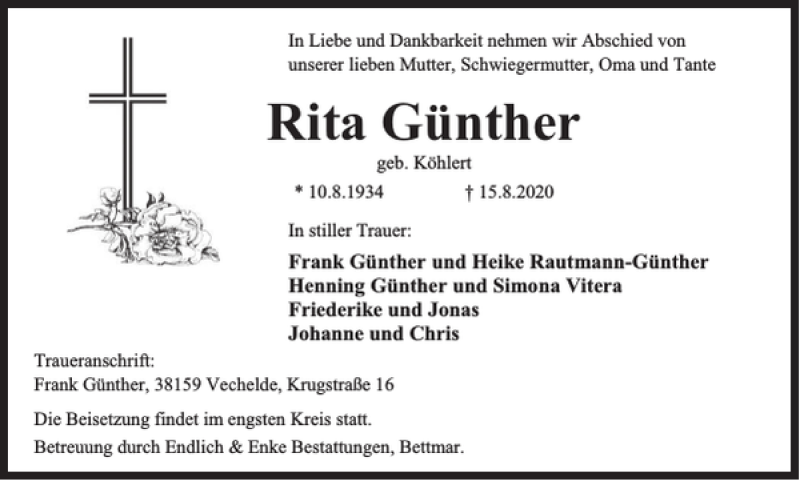 Traueranzeigen von Rita Günther trauer38 de