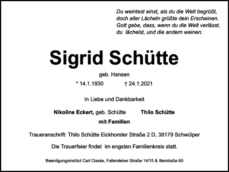 Traueranzeigen von Sigrid Schütte trauer38 de