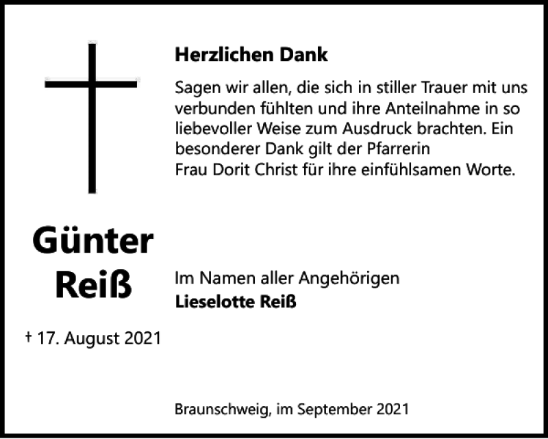 Traueranzeigen von Günter Reiß trauer38 de