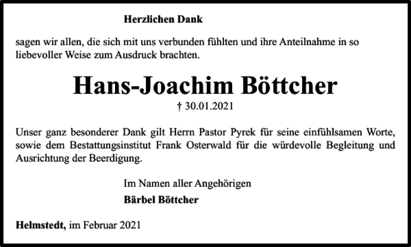 Traueranzeigen von Hans Joachim Böttcher trauer38 de