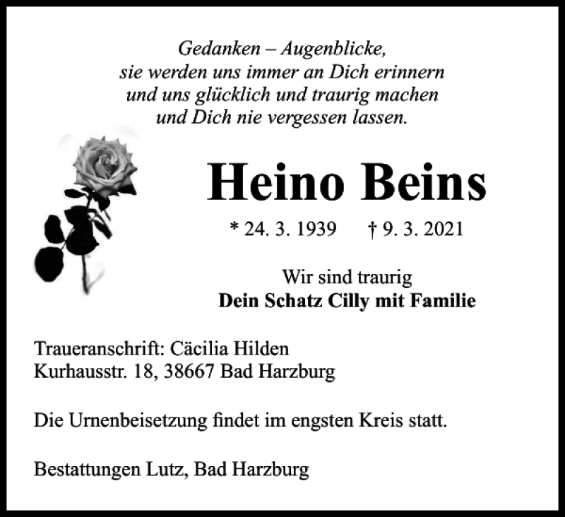 Traueranzeigen Von Heino Beins Trauer De