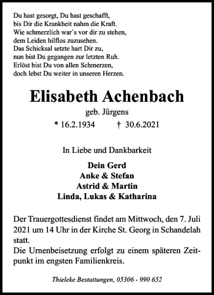 Traueranzeigen Von Elisabeth Achenbach Trauer De