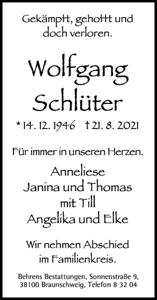 Traueranzeigen Von Wolfgang Schl Ter Trauer De