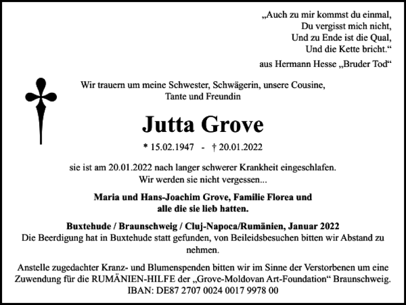 Traueranzeigen Von Jutta Grove Trauer38 De