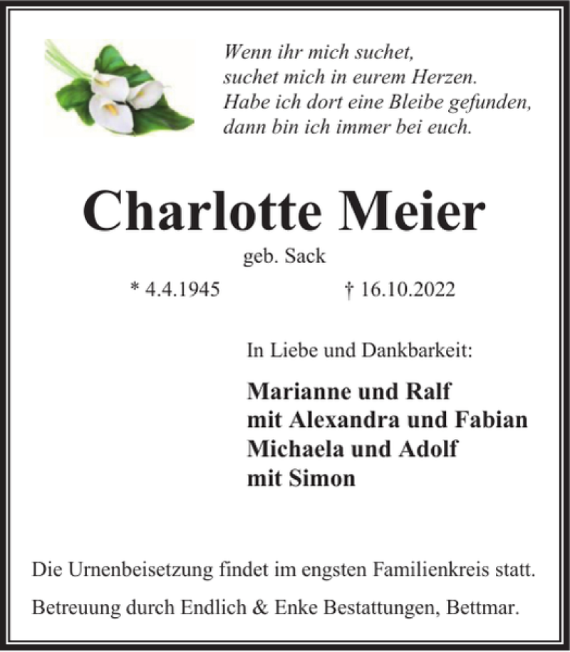 Traueranzeigen Von Charlotte Meier Trauer38 De